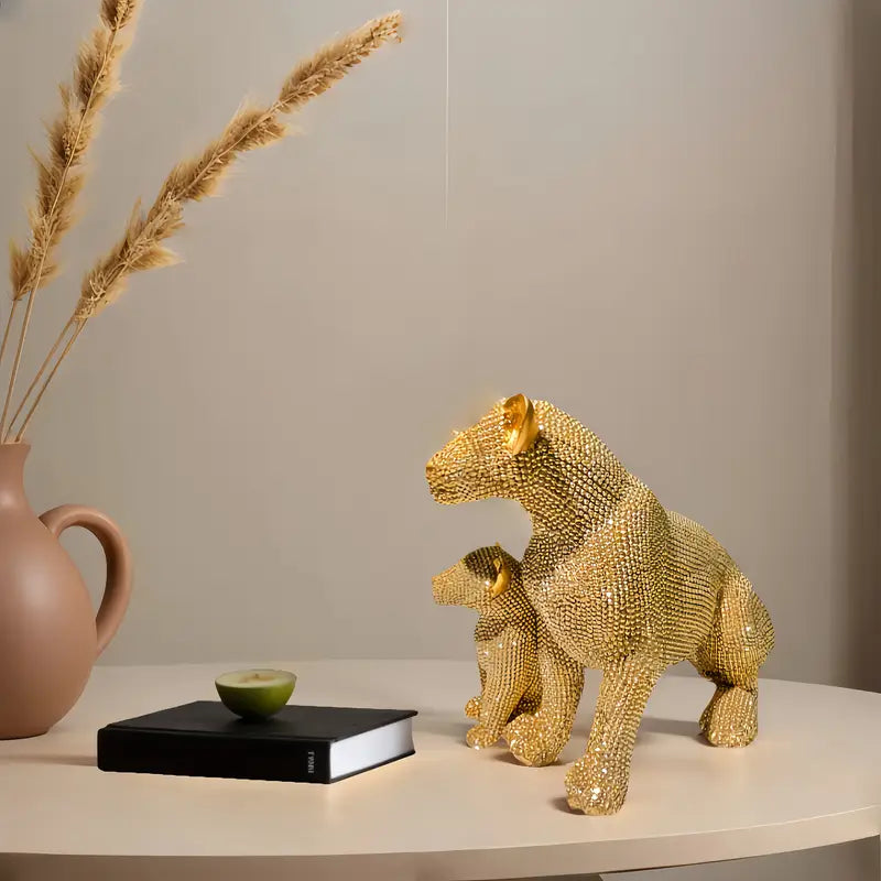 1 estatua de resina elegante de león dorado y cachorro