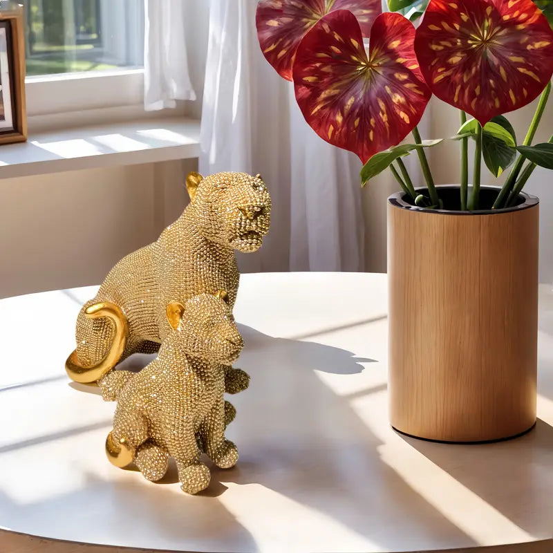 1 estatua de resina elegante de león dorado y cachorro