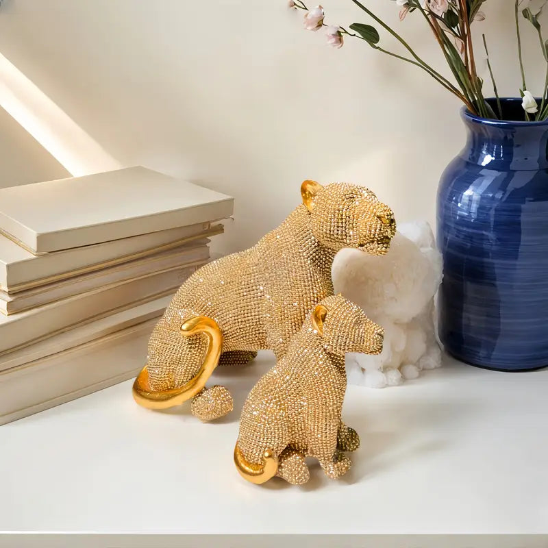 1 estatua de resina elegante de león dorado y cachorro